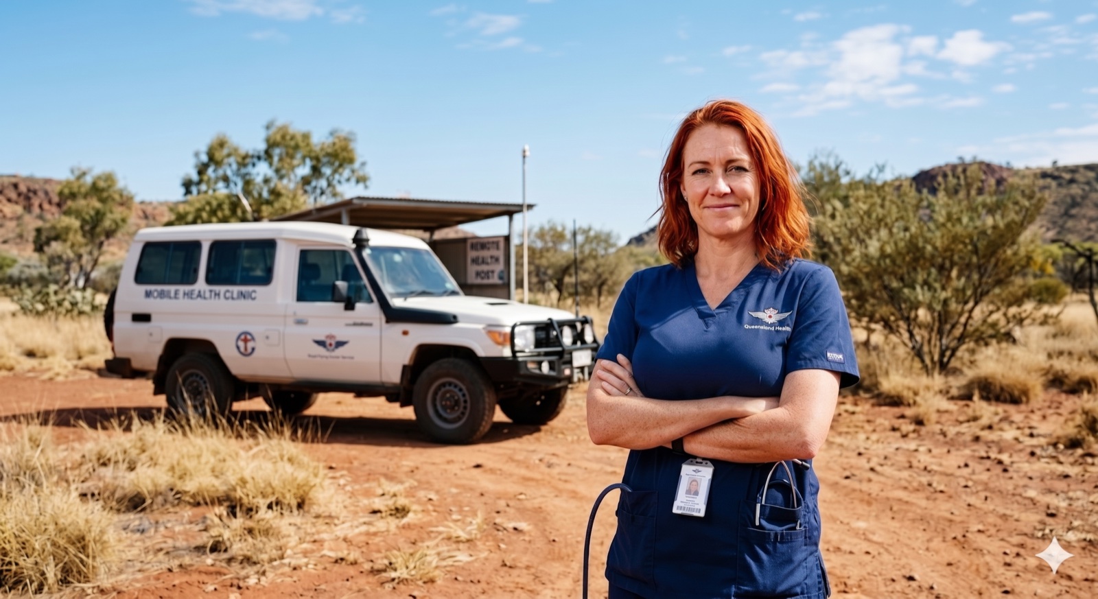 An Australian nurse in scrubs standing in front of a Mobile Health Clinic vehicle in the outback.