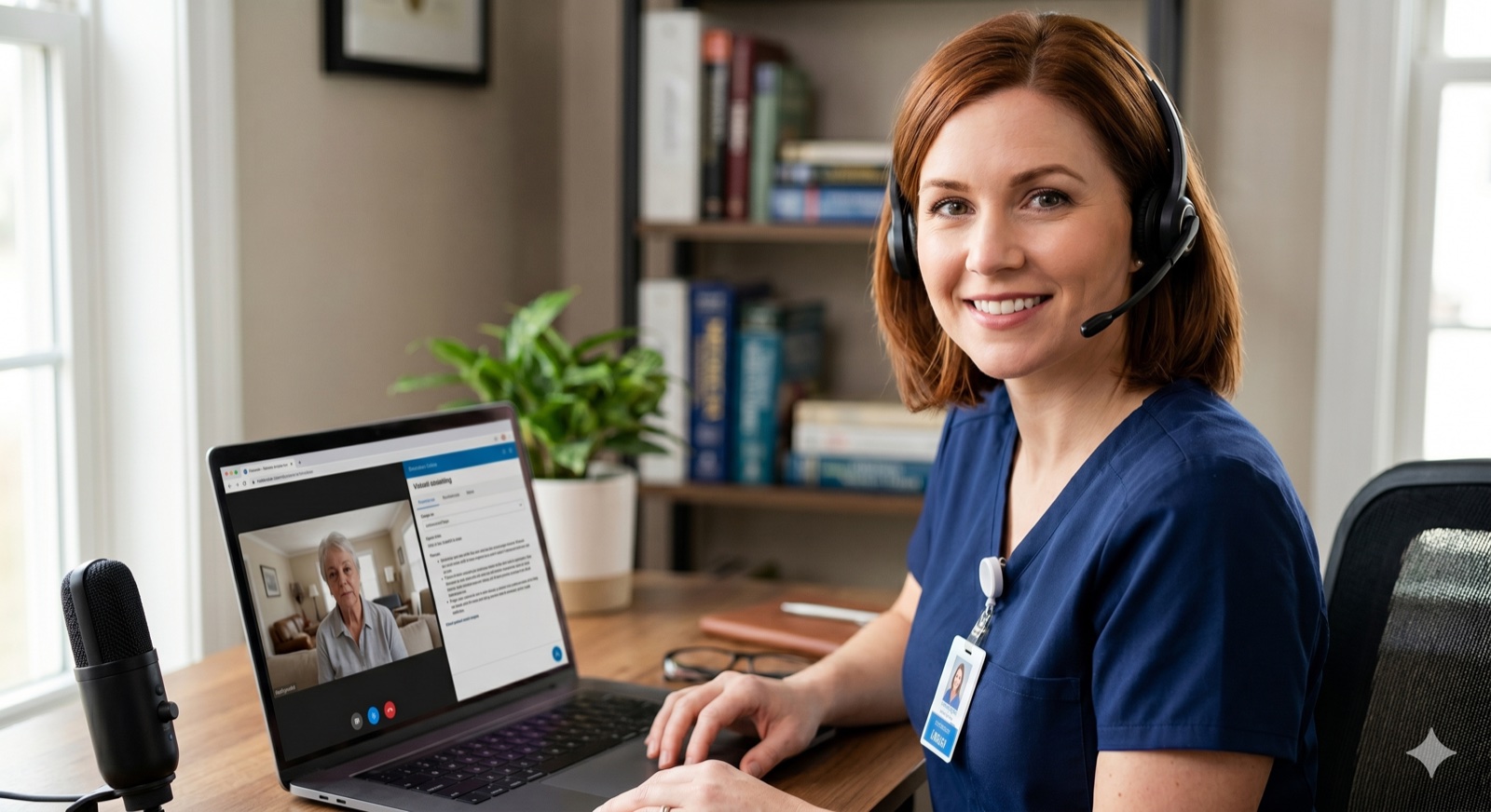 An Australian nurse practitioner in navy scrubs and a headset mid telehealth consultation, with a patient visible on her laptop.